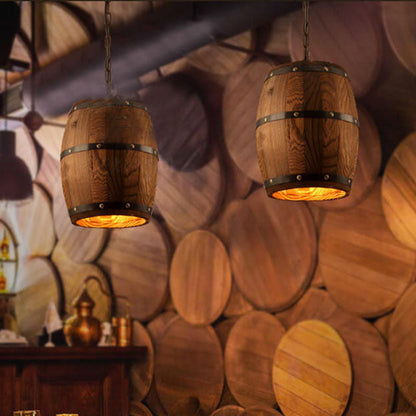 Traditional Rustic Round Iron Wood Wine Barrel 1-Light Single Barrel Pendant Light For Dining Room