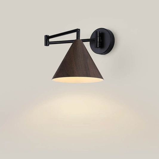 Contemporary Nordic Cone Swing Arm Wood Grain Iron 1-Light Wall Sconce Lamp For Bedroom