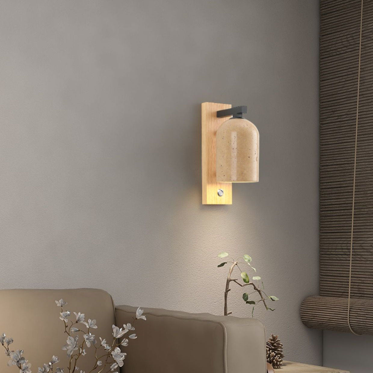 Traditional Japanese Yellow Travertine Cylinder Solid Wood Base 1-Light Wall Sconce Lamp For Bedroom
