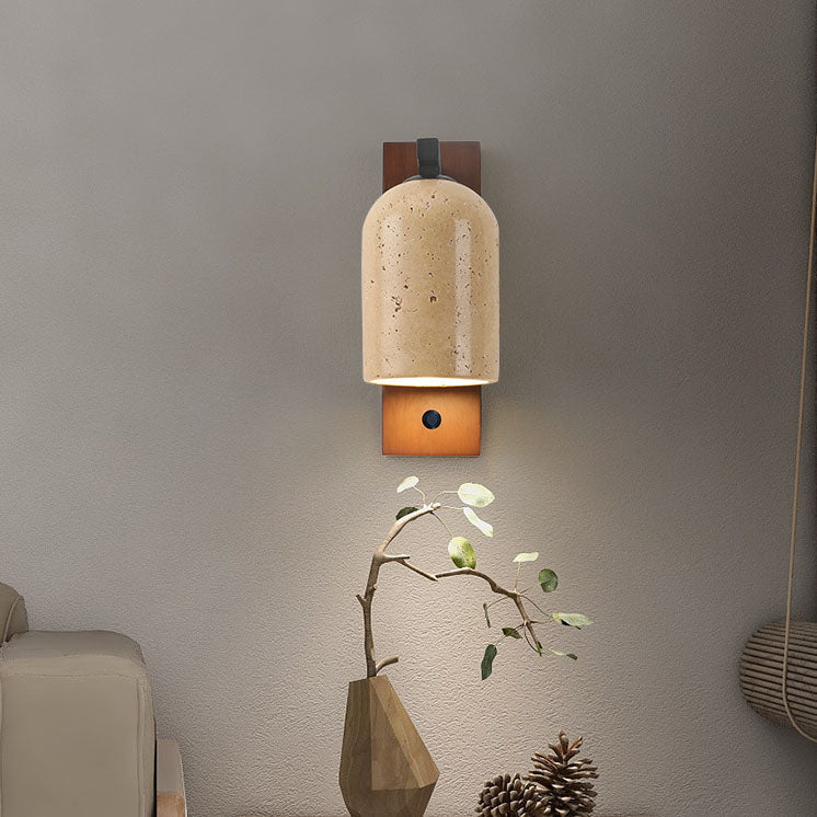 Traditional Japanese Yellow Travertine Cylinder Solid Wood Base 1-Light Wall Sconce Lamp For Bedroom
