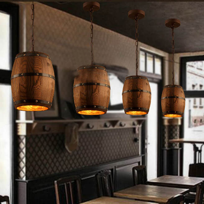 Traditional Rustic Round Iron Wood Wine Barrel 1-Light Single Barrel Pendant Light For Dining Room