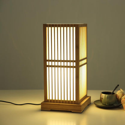 Traditional Japanese Square Bamboo Column 1-Light Table Lamp For Bedroom