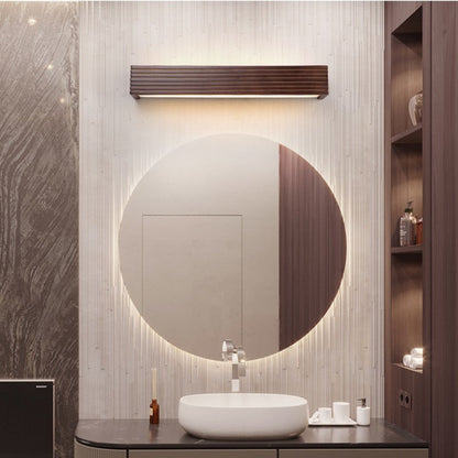 Traditional Japanese Striped Rectangular Wood LED Vanity Mirror Front Wall Sconce Lamp For Bedroom