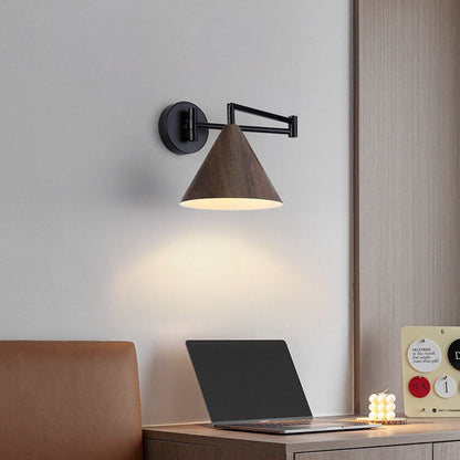 Contemporary Nordic Cone Swing Arm Wood Grain Iron 1-Light Wall Sconce Lamp For Bedroom