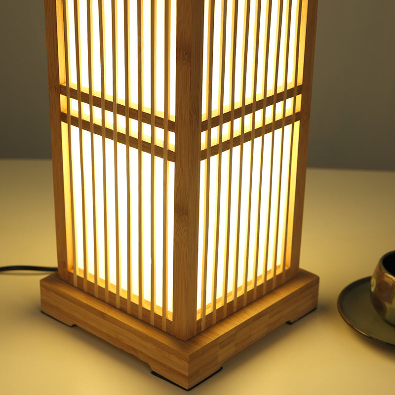 Traditional Japanese Square Bamboo Column 1-Light Table Lamp For Bedroom