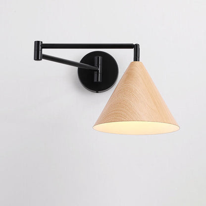 Contemporary Nordic Cone Swing Arm Wood Grain Iron 1-Light Wall Sconce Lamp For Bedroom