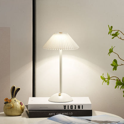 Contemporary Scandinavian Rechargeable Iron Fabric Conic Pleated 1-Light Table Lamp For Bedside