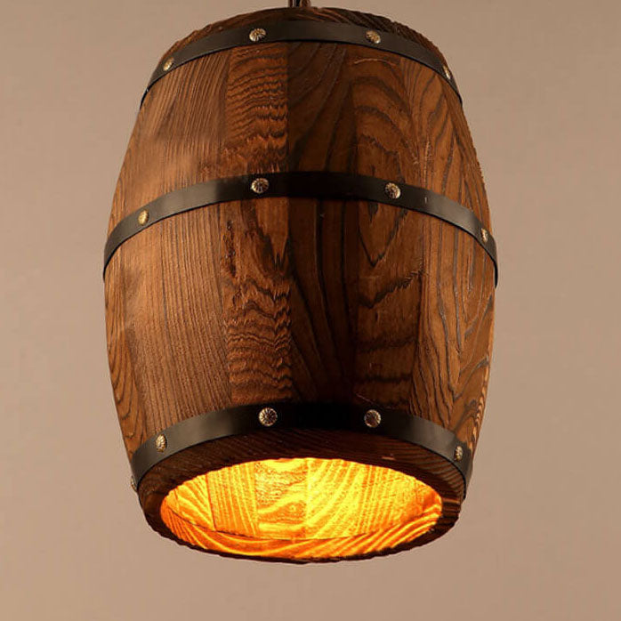 Traditional Rustic Round Iron Wood Wine Barrel 1-Light Single Barrel Pendant Light For Dining Room