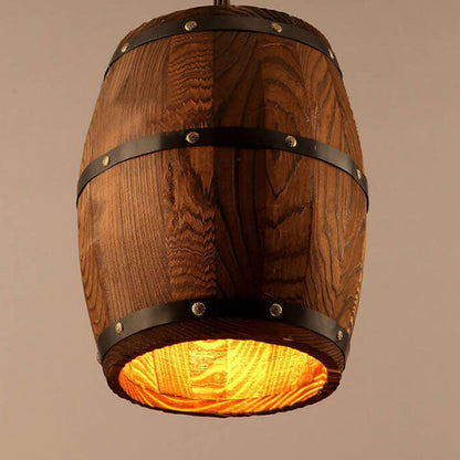Traditional Rustic Round Iron Wood Wine Barrel 1-Light Single Barrel Pendant Light For Dining Room