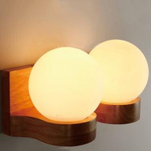 Contemporary Nordic Rubberwood Glass Ball 1/2-Light Wall Sconce Lamp For Bedroom