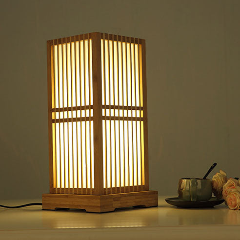 Traditional Japanese Square Bamboo Column 1-Light Table Lamp For Bedroom