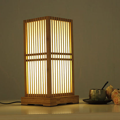 Traditional Japanese Square Bamboo Column 1-Light Table Lamp For Bedroom