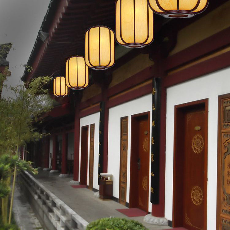 Traditional Chinese Faux Sheepskin Wooden Lantern Round 1-Light Pendant Light for Living Room