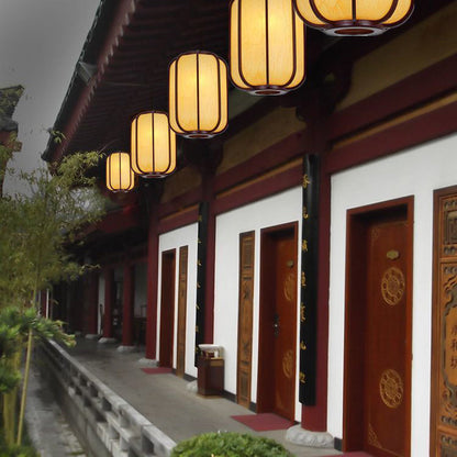 Traditional Chinese Faux Sheepskin Wooden Lantern Round 1-Light Pendant Light for Living Room