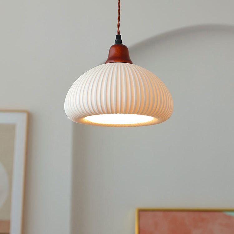 Traditional Japanese Pleated Round Dome Ceramic Solid Wood Iron 1-Light Pendant Light For Living Room & Bedroom