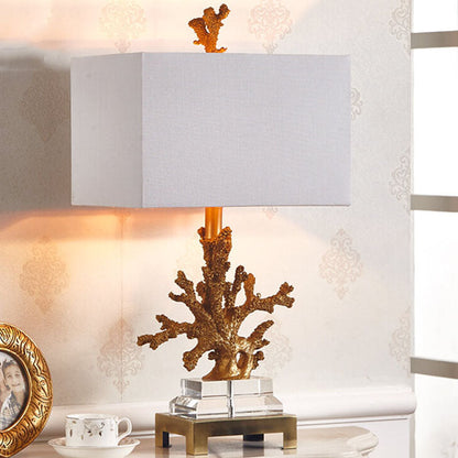 Modern Art Deco Linen Resin Crystal Coral Base 1-Light Table Lamp For Bedroom