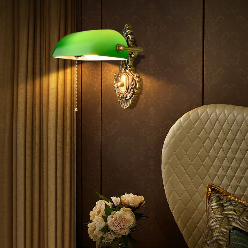 Contemporary Retro Copper Green Glass Shade 1-Light Wall Sconce Lamp For Bedroom