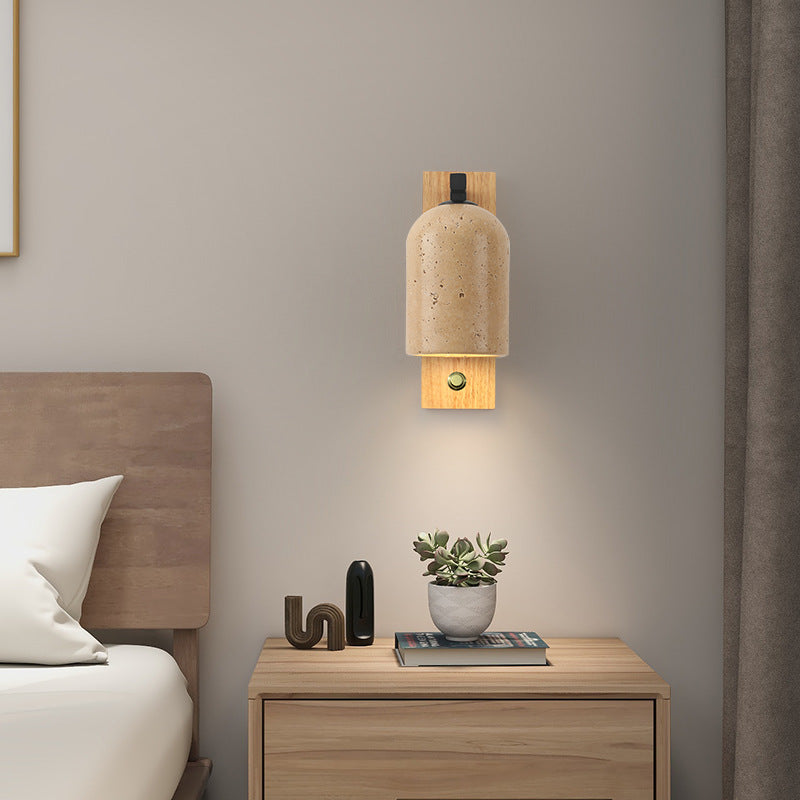Traditional Japanese Yellow Travertine Cylinder Solid Wood Base 1-Light Wall Sconce Lamp For Bedroom