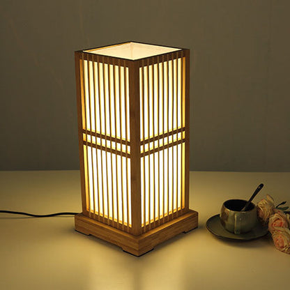 Traditional Japanese Square Bamboo Column 1-Light Table Lamp For Bedroom