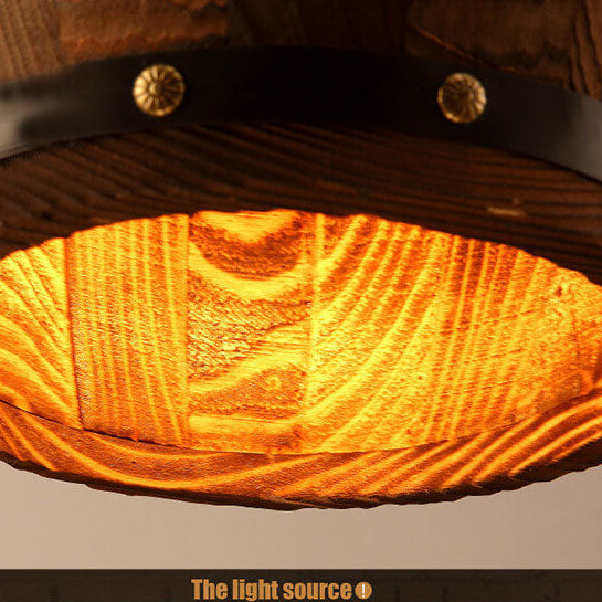 Traditional Rustic Round Iron Wood Wine Barrel 1-Light Single Barrel Pendant Light For Dining Room