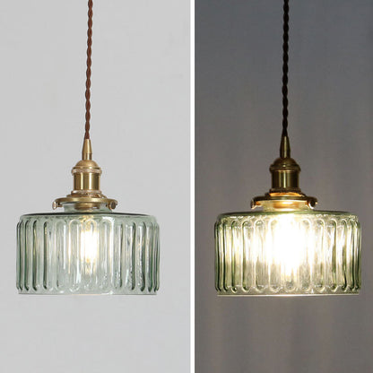 Traditional Japanese Brass Glass Round Jar 1-Light Pendant Light For Living Room