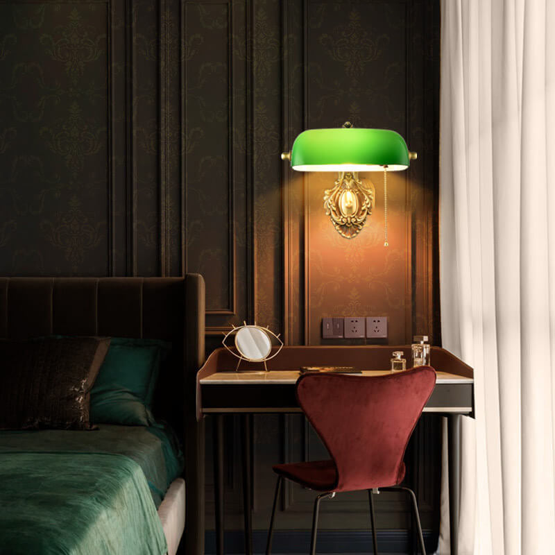 Contemporary Retro Copper Green Glass Shade 1-Light Wall Sconce Lamp For Bedroom