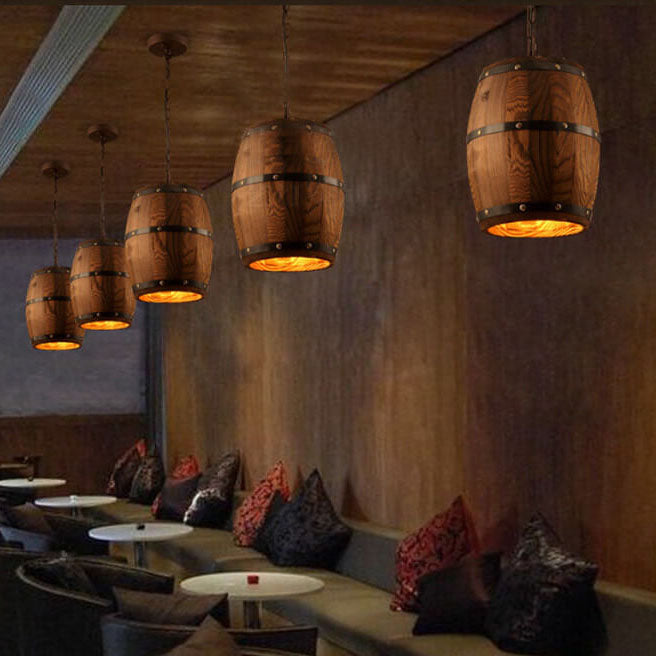Traditional Rustic Round Iron Wood Wine Barrel 1-Light Single Barrel Pendant Light For Dining Room