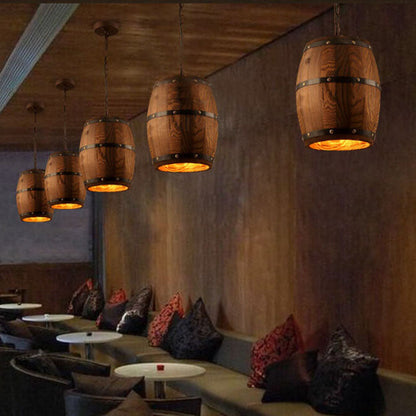 Traditional Rustic Round Iron Wood Wine Barrel 1-Light Single Barrel Pendant Light For Dining Room