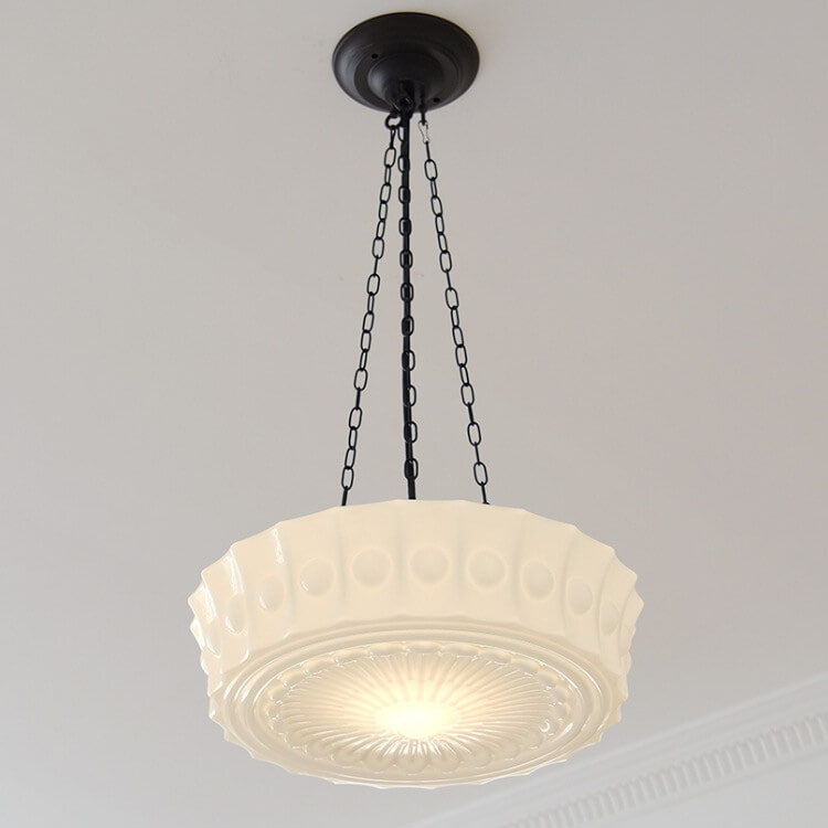 Traditional French Iron Glass Stripes Round Drum LED Semi-Flush Mount Ceiling Light For Living Room & Bedroom