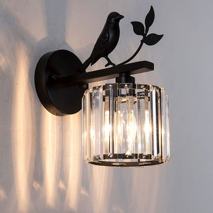 Traditional Vintage Iron Glass Round Bird 1-Light Wall Sconce Lamp for Living Room