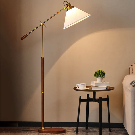 Traditional Vintage Fabric Cone Metal Ash Wood 1-Light Standing Floor Lamp For Bedroom