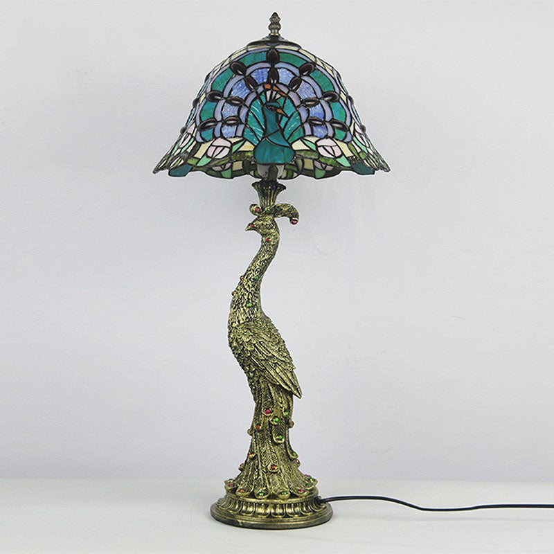 Traditional Tiffany Peacock Gem Dome Glass Resin 1-Light Table Lamp For Living Room & Bedroom