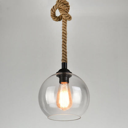 Traditional Vintage Glass Metal Rope Hanging Round 1-Light Pendant Light for Living Room