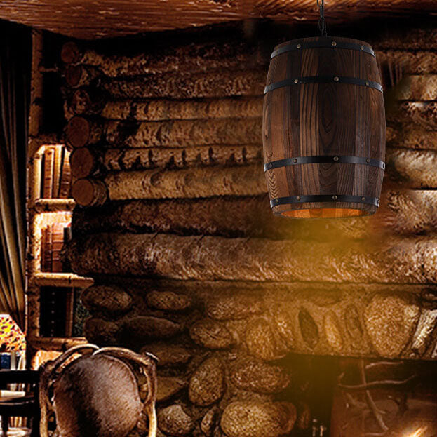 Traditional Rustic Round Iron Wood Wine Barrel 1-Light Single Barrel Pendant Light For Dining Room