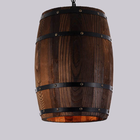Traditional Rustic Round Iron Wood Wine Barrel 1-Light Single Barrel Pendant Light For Dining Room