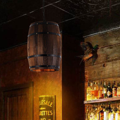Traditional Rustic Round Iron Wood Wine Barrel 1-Light Single Barrel Pendant Light For Dining Room