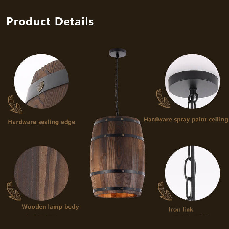 Traditional Rustic Round Iron Wood Wine Barrel 1-Light Single Barrel Pendant Light For Dining Room