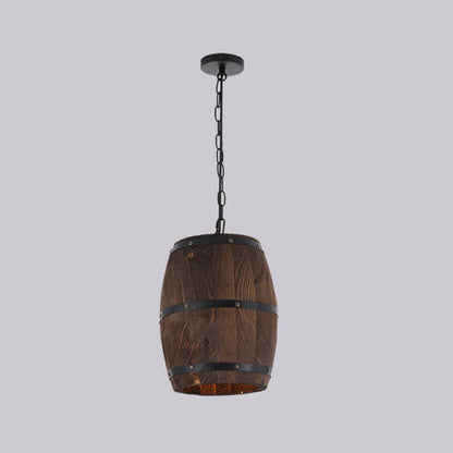 Traditional Rustic Round Iron Wood Wine Barrel 1-Light Single Barrel Pendant Light For Dining Room
