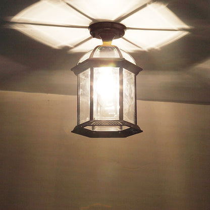 Traditional European Outdoor Hexagonal Lantern Waterproof 1-Light Semi-Flush Mount Ceiling Light For Outdoor