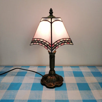 Traditional Tiffany Square Stained Glass Iron 1-Light Table Lamp For Bedroom