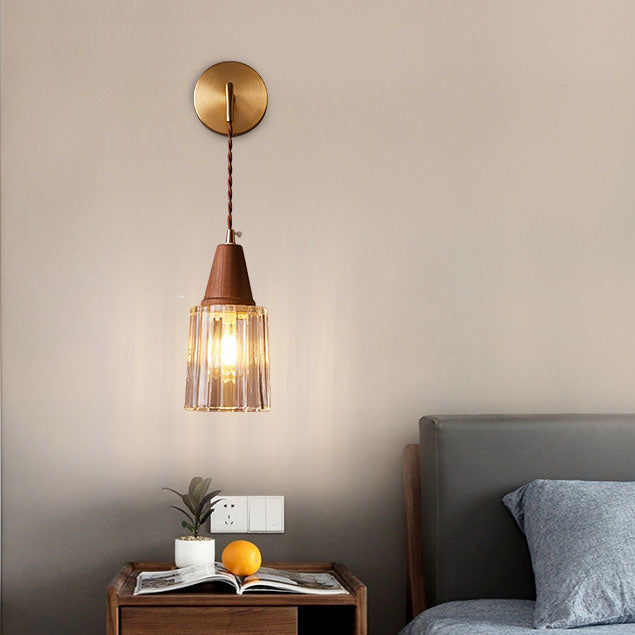 Traditional Japanese Walnut Glass  Copper Cylinder 1-Light Wall Sconce Lamp