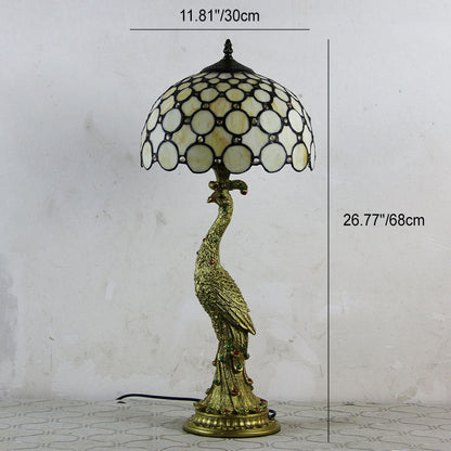 Traditional Tiffany Peacock Gem Dome Glass Resin 1-Light Table Lamp For Living Room & Bedroom