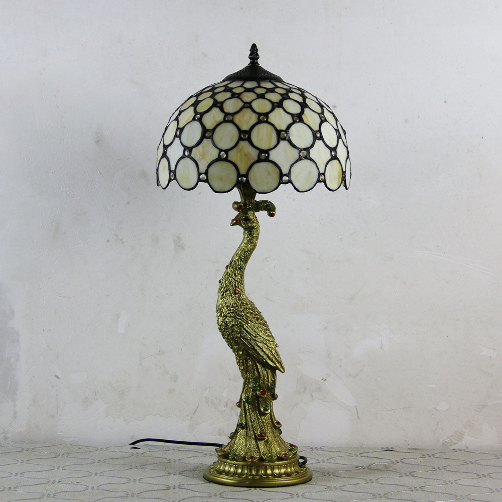 Traditional Tiffany Peacock Gem Dome Glass Resin 1-Light Table Lamp For Living Room & Bedroom