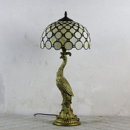 Traditional Tiffany Peacock Gem Dome Glass Resin 1-Light Table Lamp For Living Room & Bedroom