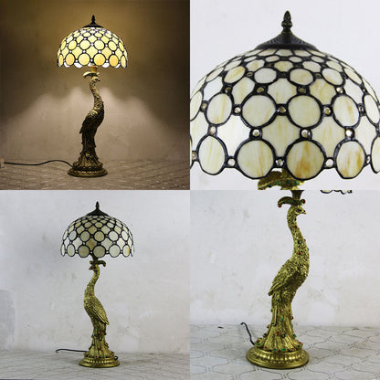 Traditional Tiffany Peacock Gem Dome Glass Resin 1-Light Table Lamp For Living Room & Bedroom