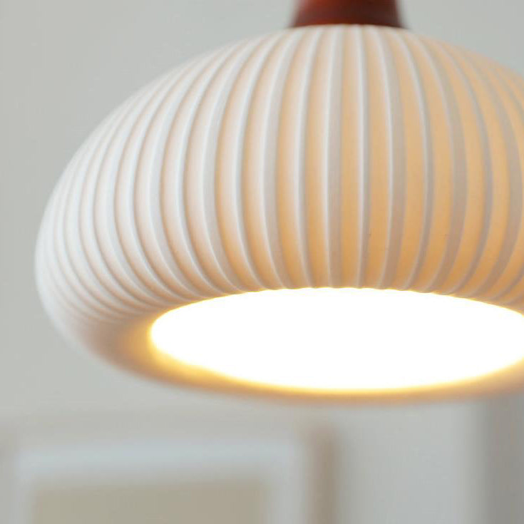 Traditional Japanese Pleated Round Dome Ceramic Solid Wood Iron 1-Light Pendant Light For Living Room & Bedroom