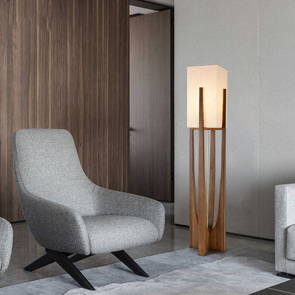 Modern Minimalist Copper Fabric Ash Wood Rectangular 1-Light Standing Floor Lamps For Living Room & Bedroom