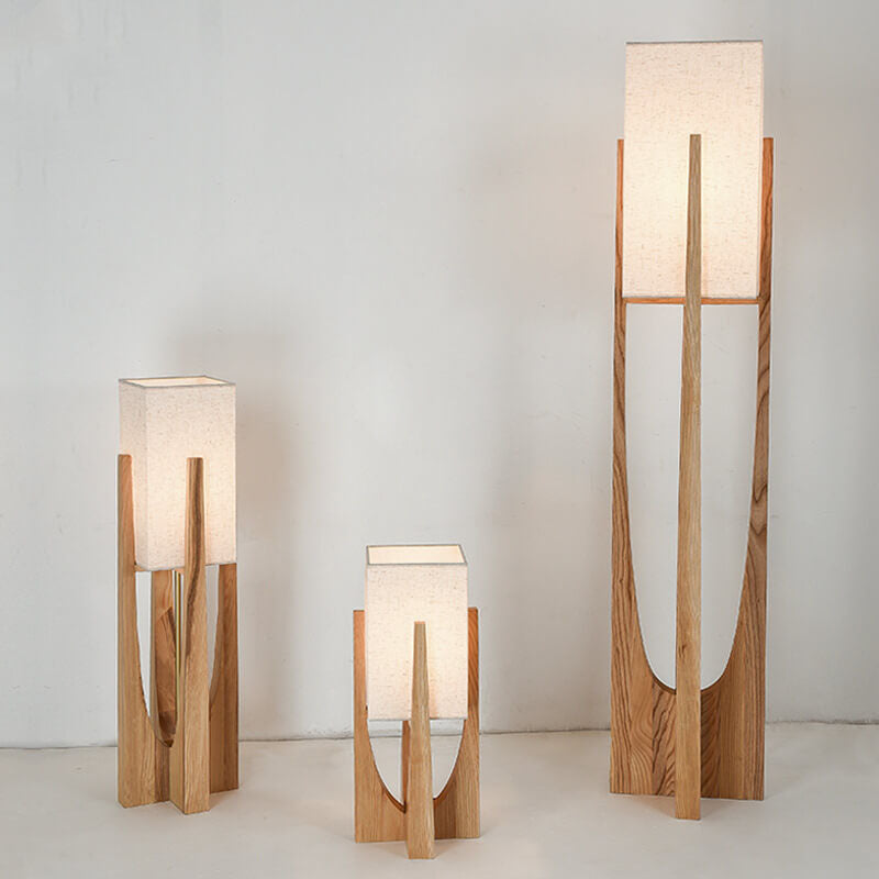 Modern Minimalist Copper Fabric Ash Wood Rectangular 1-Light Standing Floor Lamps For Living Room & Bedroom
