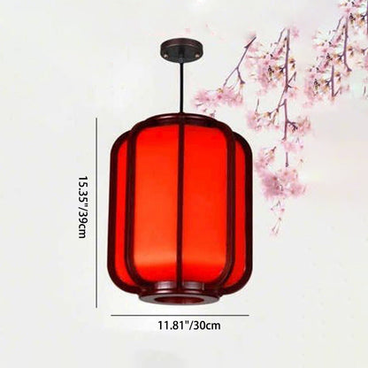 Traditional Chinese Faux Sheepskin Wooden Lantern Round 1-Light Pendant Light for Living Room