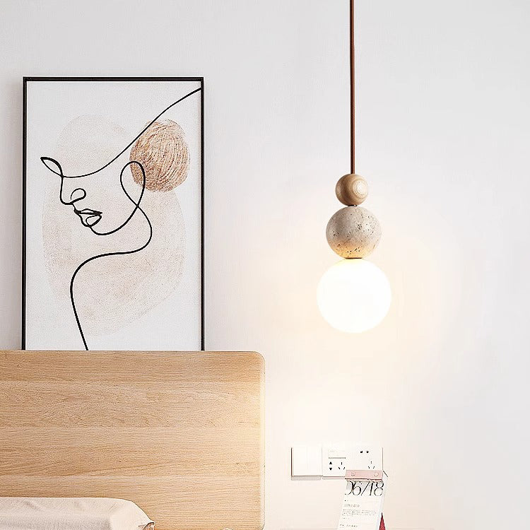 Traditional Japanese Multi Orb Solid Wood Travertine 1-Light Pendant Light For Living Room